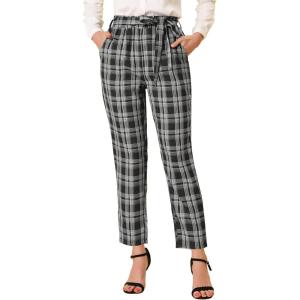 imageAllegra K Womens High Waist Trousers with Belted Straight Leg Office Work Plaid PantsBlack White