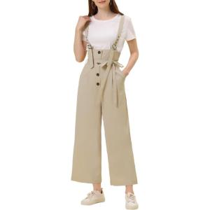 imageAllegra K Womens High Waist Wide Leg Belted Jumpsuits Button Long OverallsBeige