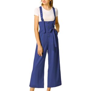 imageAllegra K Womens High Waist Wide Leg Belted Jumpsuits Button Long OverallsBlue