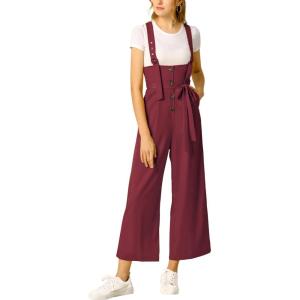 imageAllegra K Womens High Waist Wide Leg Belted Jumpsuits Button Long OverallsBurgundy