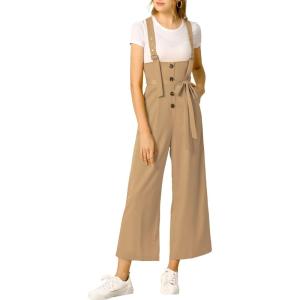 imageAllegra K Womens High Waist Wide Leg Belted Jumpsuits Button Long OverallsKhaki