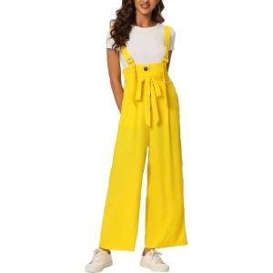 imageAllegra K Womens High Waist Wide Leg Belted Jumpsuits Button Long OverallsLight Yellow