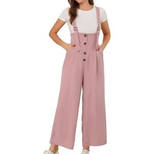 imageAllegra K Womens High Waist Wide Leg Belted Jumpsuits Button Long OverallsPink