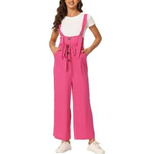 imageAllegra K Womens High Waist Wide Leg Belted Jumpsuits Button Long OverallsRose Red