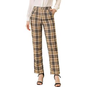 imageAllegra K Womens Plaid Pants Elastic Waist Casual Work Office Long TrousersBlack Khaki