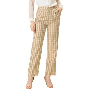 imageAllegra K Womens Plaid Pants Elastic Waist Casual Work Office Long TrousersLight Khaki Beige