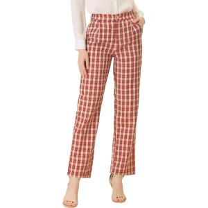 imageAllegra K Womens Plaid Pants Elastic Waist Casual Work Office Long TrousersRed Beige