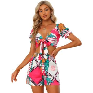 imageAllegra K Womens 2 Piece Romper Floral Print Knot Front Puff Sleeve Crop Top with Shorts SetPink