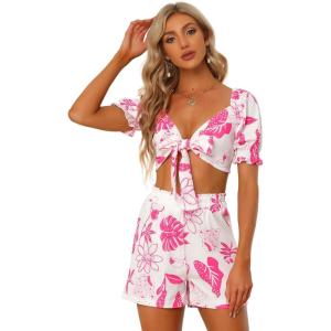 imageAllegra K Womens 2 Piece Romper Floral Print Knot Front Puff Sleeve Crop Top with Shorts SetWhite Pink