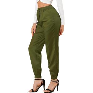 imageAllegra K Womens Drawstring Elastic Waist Athleisure Pants Ankle Length Satin Joggers with PocketArmy Green