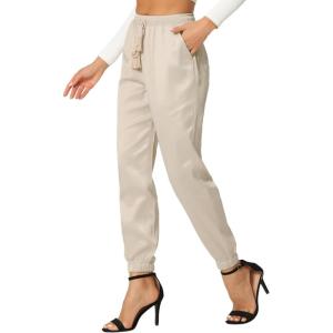 imageAllegra K Womens Drawstring Elastic Waist Athleisure Pants Ankle Length Satin Joggers with PocketBeige