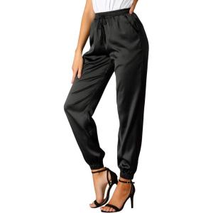 imageAllegra K Womens Drawstring Elastic Waist Athleisure Pants Ankle Length Satin Joggers with PocketBlack