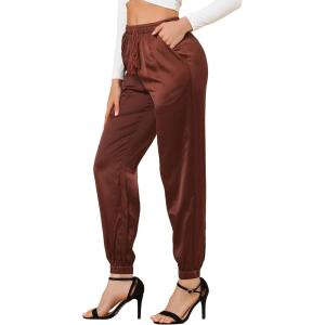 imageAllegra K Womens Drawstring Elastic Waist Athleisure Pants Ankle Length Satin Joggers with PocketBrown