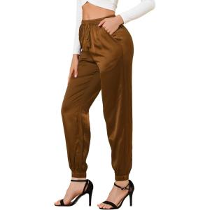 imageAllegra K Womens Drawstring Elastic Waist Athleisure Pants Ankle Length Satin Joggers with PocketCoffee