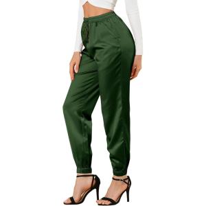 imageAllegra K Womens Drawstring Elastic Waist Athleisure Pants Ankle Length Satin Joggers with PocketDark Green