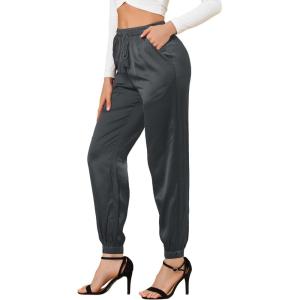 imageAllegra K Womens Drawstring Elastic Waist Athleisure Pants Ankle Length Satin Joggers with PocketDark Grey