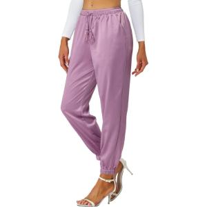 imageAllegra K Womens Drawstring Elastic Waist Athleisure Pants Ankle Length Satin Joggers with PocketDull Purple