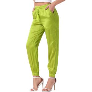 imageAllegra K Womens Drawstring Elastic Waist Athleisure Pants Ankle Length Satin Joggers with PocketFluorescent Yellow