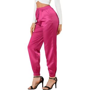 imageAllegra K Womens Drawstring Elastic Waist Athleisure Pants Ankle Length Satin Joggers with PocketHot Pink