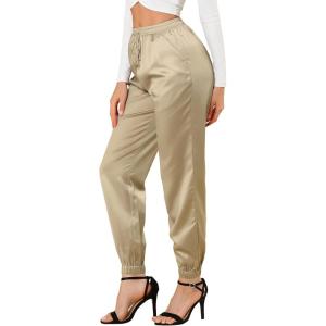 imageAllegra K Womens Drawstring Elastic Waist Athleisure Pants Ankle Length Satin Joggers with PocketKhaki