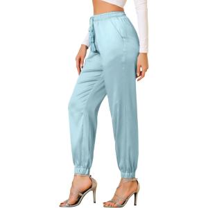 imageAllegra K Womens Drawstring Elastic Waist Athleisure Pants Ankle Length Satin Joggers with PocketLight Blue