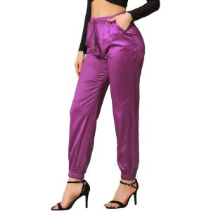 imageAllegra K Womens Drawstring Elastic Waist Athleisure Pants Ankle Length Satin Joggers with PocketMagenta