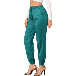 imageAllegra K Womens Drawstring Elastic Waist Athleisure Pants Ankle Length Satin Joggers with PocketPeacock Blue