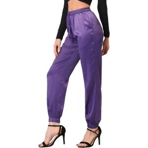 imageAllegra K Womens Drawstring Elastic Waist Athleisure Pants Ankle Length Satin Joggers with PocketPurple