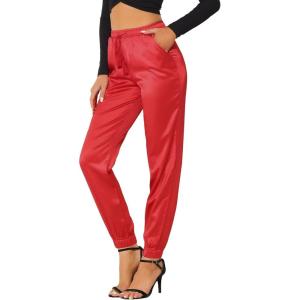 imageAllegra K Womens Drawstring Elastic Waist Athleisure Pants Ankle Length Satin Joggers with PocketRed