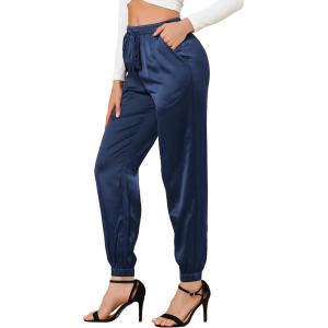 imageAllegra K Womens Drawstring Elastic Waist Athleisure Pants Ankle Length Satin Joggers with PocketRoyal Blue