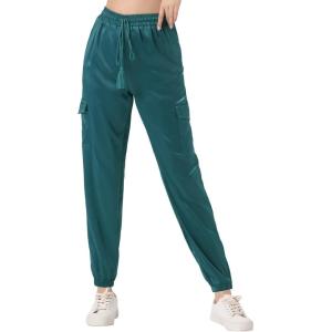 imageAllegra K Womens Fall Satin Joggers Drawstring Elastic High Waist Christmas Shiny Silky Satin Cargo PantsBluegreen