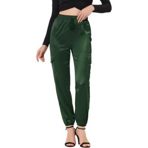 imageAllegra K Womens Fall Satin Joggers Drawstring Elastic High Waist Christmas Shiny Silky Satin Cargo PantsDark Green