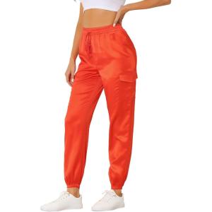 imageAllegra K Womens Fall Satin Joggers Drawstring Elastic High Waist Christmas Shiny Silky Satin Cargo PantsOrange