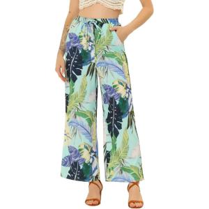 imageAllegra K Womens Floral Palazzo Elastic Waist Casual Wide Leg Tropical Beach PantsCyan