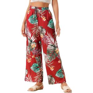 imageAllegra K Womens Floral Palazzo Elastic Waist Casual Wide Leg Tropical Beach PantsRed