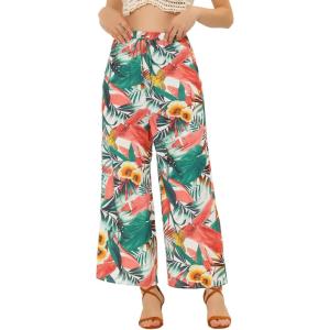 imageAllegra K Womens Floral Palazzo Elastic Waist Casual Wide Leg Tropical Beach PantsWhite