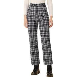 imageAllegra K Womens Plaid Cropped Trousers Button Casual Tartan Check Work PantsBlack