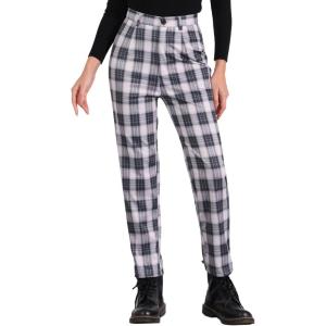 imageAllegra K Womens Plaid Cropped Trousers Button Casual Tartan Check Work PantsBlack Beige