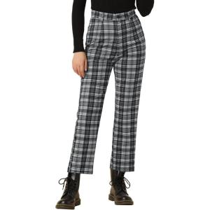 imageAllegra K Womens Plaid Cropped Trousers Button Casual Tartan Check Work PantsBlack White