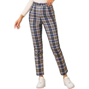 imageAllegra K Womens Plaid Cropped Trousers Button Casual Tartan Check Work PantsBlue