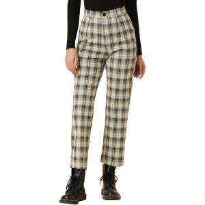 imageAllegra K Womens Plaid Cropped Trousers Button Casual Tartan Check Work PantsBlue Brown