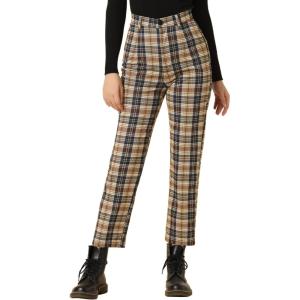 imageAllegra K Womens Plaid Cropped Trousers Button Casual Tartan Check Work PantsDark Brown