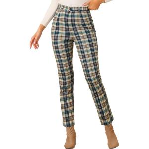 imageAllegra K Womens Plaid Cropped Trousers Button Casual Tartan Check Work PantsGreen