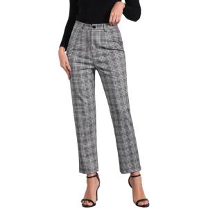 imageAllegra K Womens Plaid Cropped Trousers Button Casual Tartan Check Work PantsGrey Black