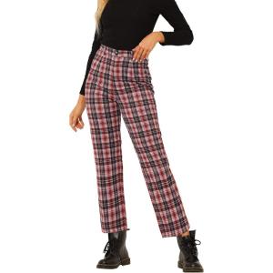 imageAllegra K Womens Plaid Cropped Trousers Button Casual Tartan Check Work PantsRed