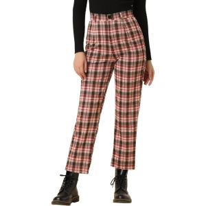 imageAllegra K Womens Plaid Cropped Trousers Button Casual Tartan Check Work PantsRed Black