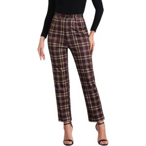 imageAllegra K Womens Plaid Cropped Trousers Button Casual Tartan Check Work PantsRed Brown