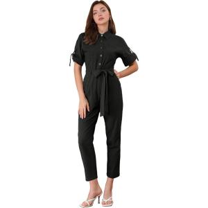 imageAllegra K Womens Short Sleeve Collared Cropped Coverall Button Down Tie Waist Cotton Cargo JumpsuitBlack