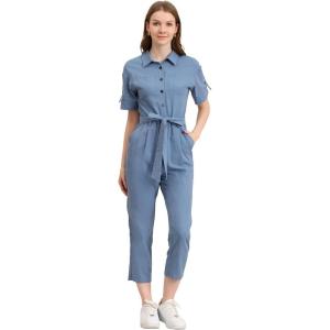 imageAllegra K Womens Short Sleeve Collared Cropped Coverall Button Down Tie Waist Cotton Cargo JumpsuitBlue