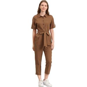 imageAllegra K Womens Short Sleeve Collared Cropped Coverall Button Down Tie Waist Cotton Cargo JumpsuitBrown